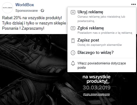 Zainteresowania na facebooku - opcje wyświetlanych reklam (screen)