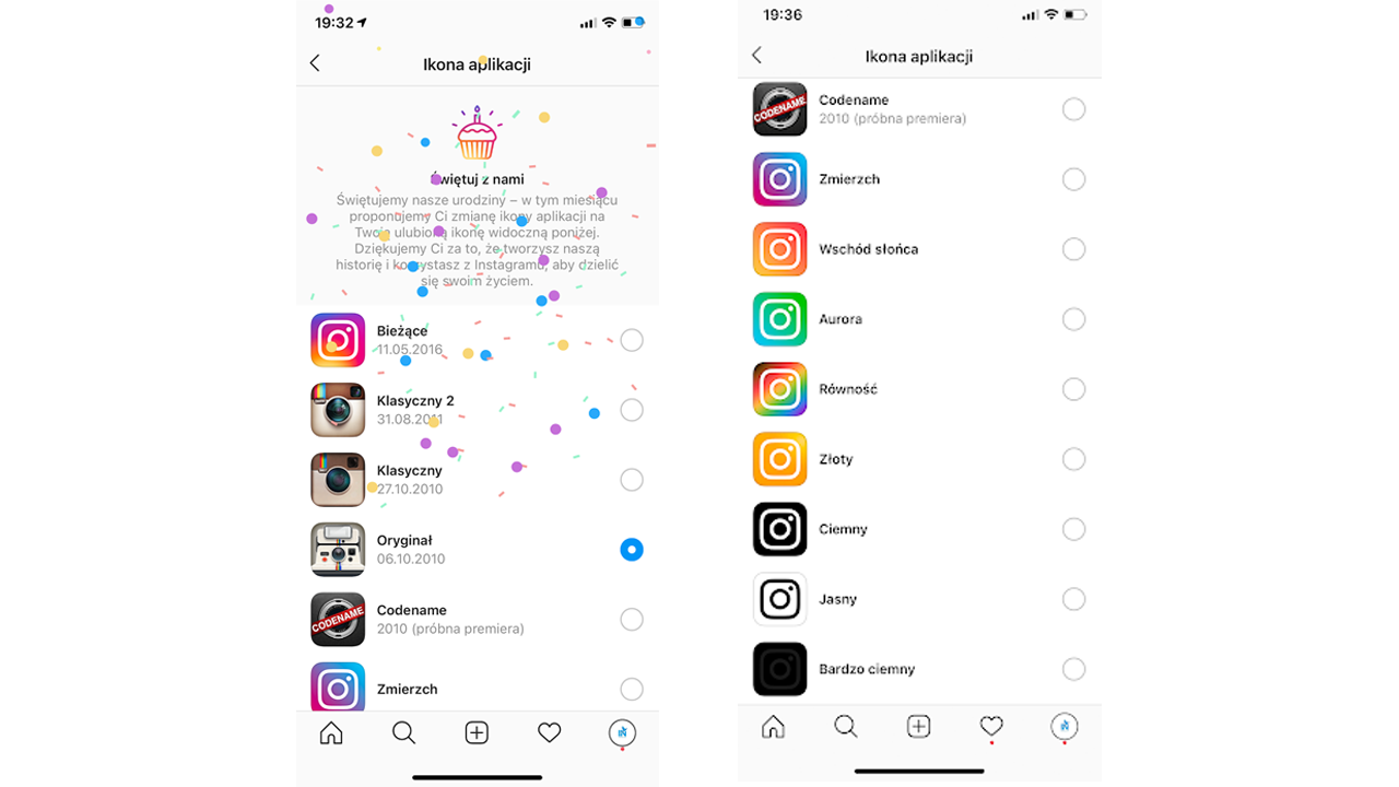 Media społecznościowe - zmiana ikony aplikacji na Instagramie (screen)