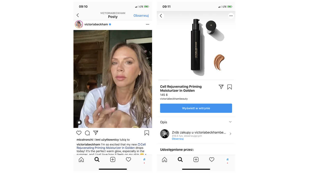Social media - Instagram i  tagi produktowe (screen)