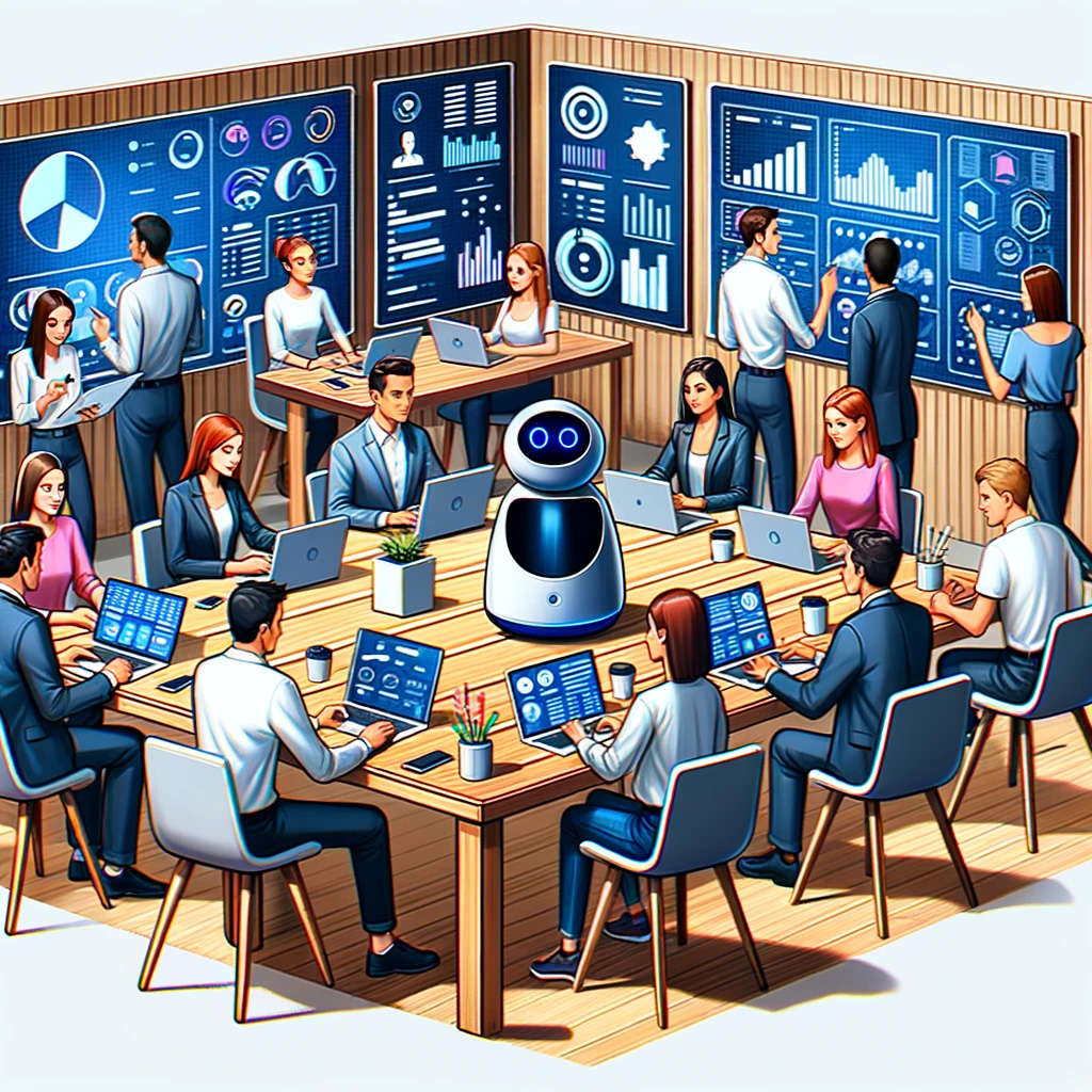 Illustration of a bustling digital marketing agency. Employees both male and female collaborate around wooden tables discussing strategies