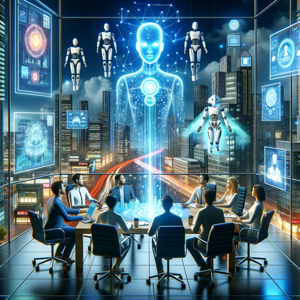 Illustration of an advanced digital marketing agency in a futuristic cityscape. Sky high buildings with neon signs and floating billboards displaying