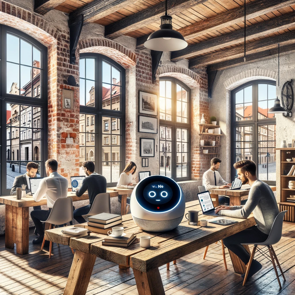 Photo of a digital marketing agency located in a renovated traditional Polish townhouse. Exposed brick walls and wooden beams contrast with modern off