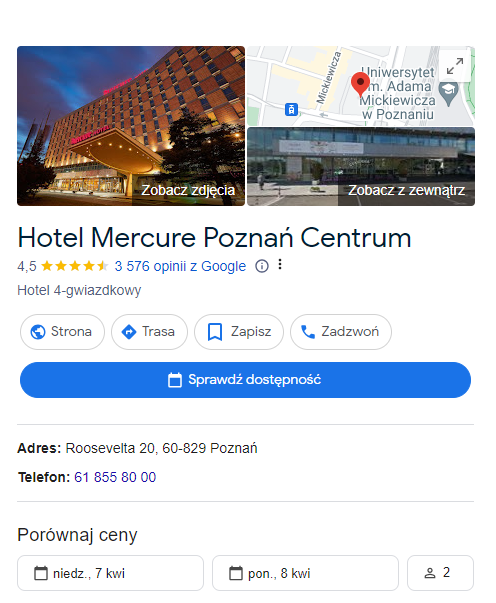 Prowadzenie Google Moja Firma - pozycjonowanie lokalne hotelu
